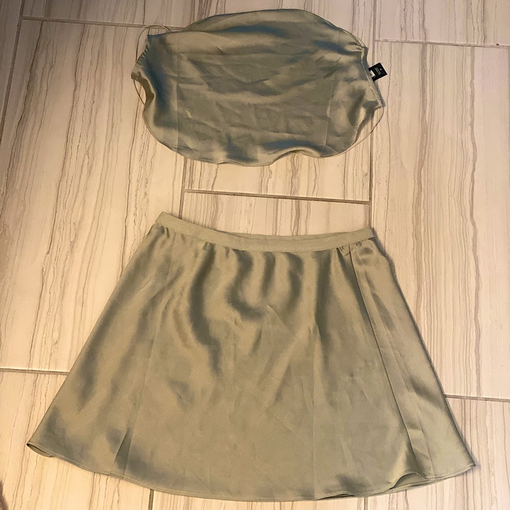 Sage green silky backless top and skirt set